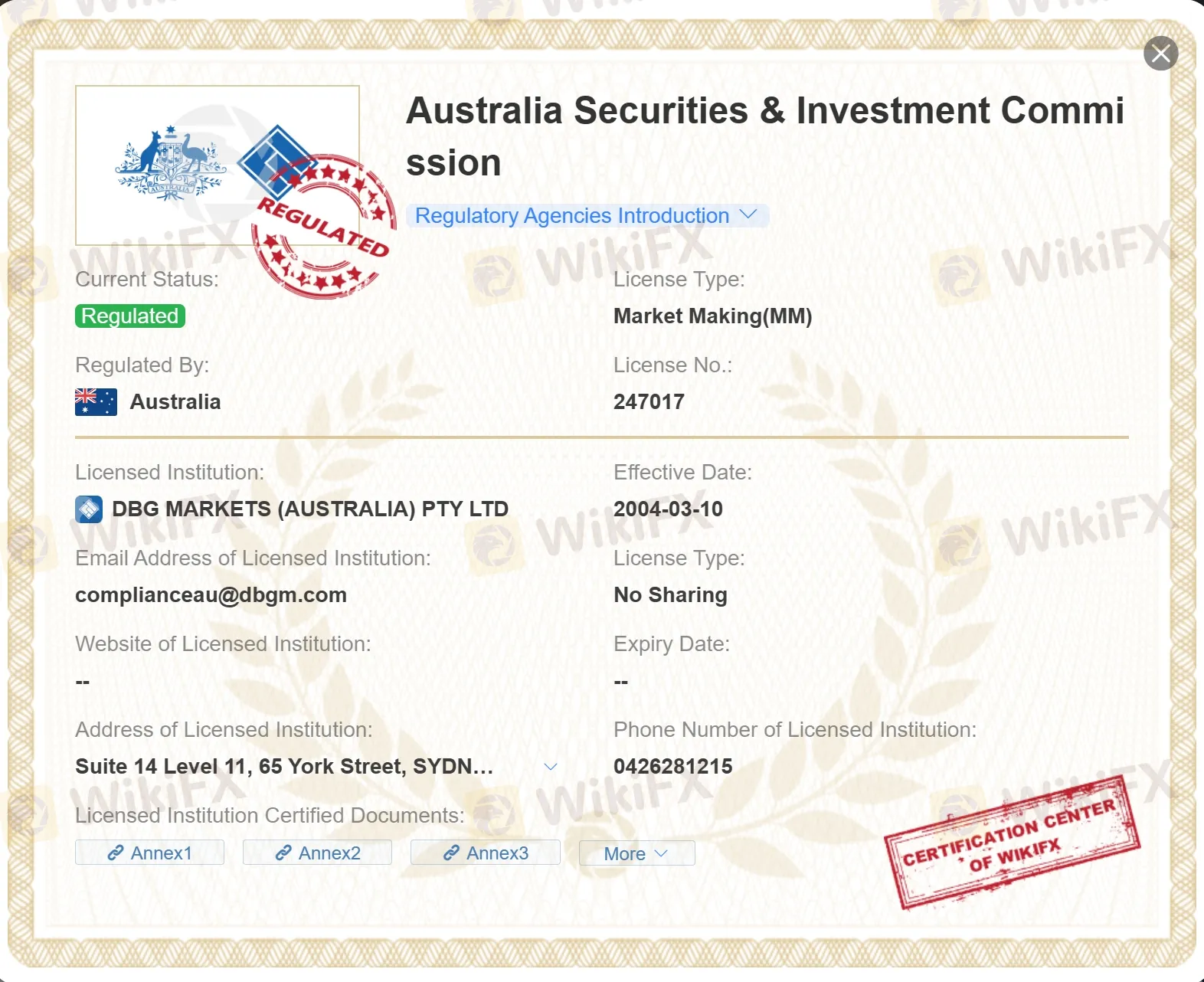 • DBG MARKETS (UK) LLP,其在英国的实体,受到英国金融行为监管局(FCA,编号469459)的监管。 受ASIC监管的许可证